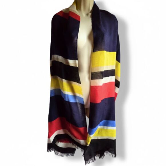 Kate Spade Wool Multi-Color Block Stripe Lightweight Long Scarf Designer Chic - Picture 3 of 8
